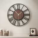 Cuspin Large Wall Clock for Living Room Decor, 24 inch Decorative Black Metal Wall Clock Battery Operated Silent Non Ticking, Modern Wood Clocks for Bedroom, Kitchen, Office-Roman Numerals