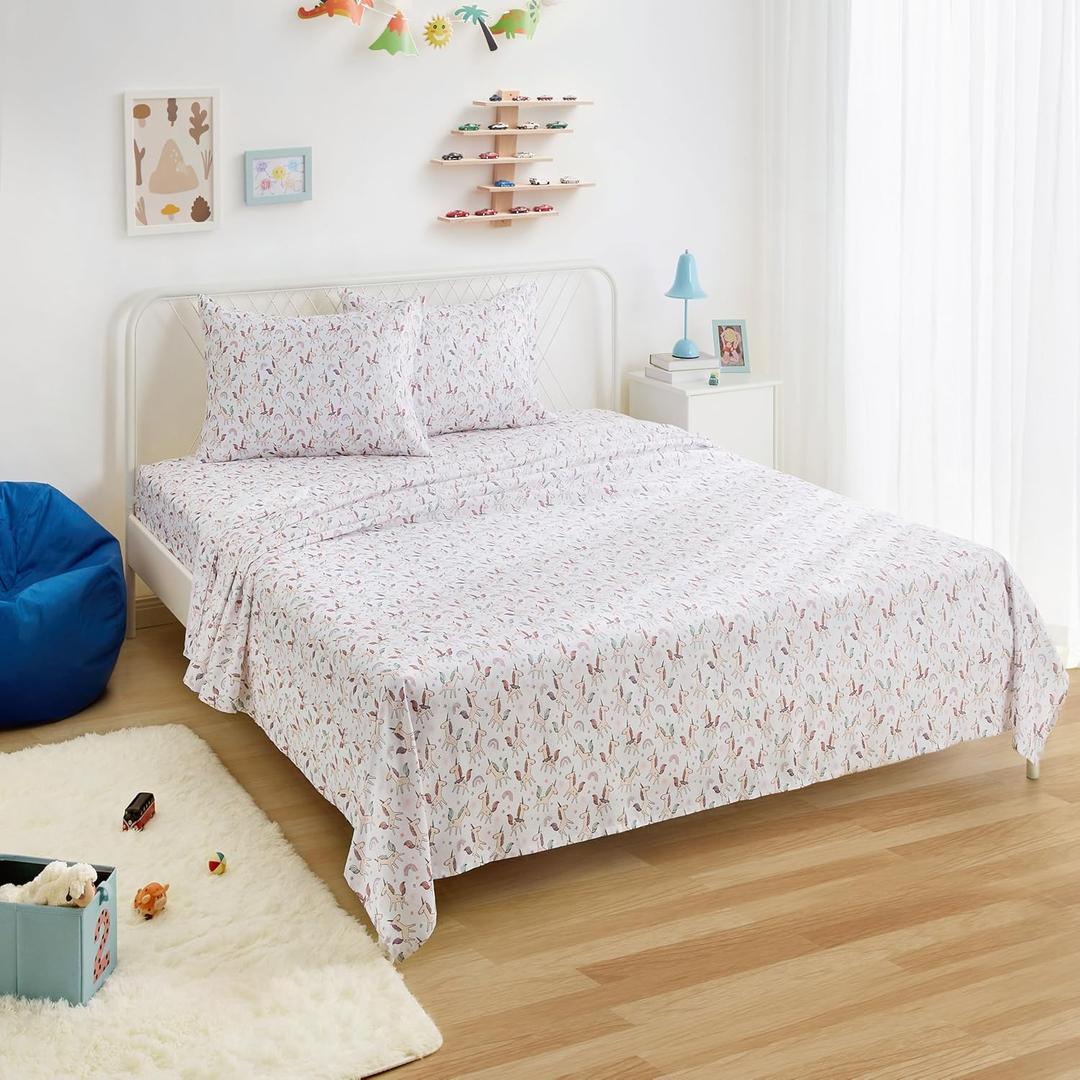 Amazon Basics Microfiber Kids' Sheet Set with Pillowcases, 4-Piece, Full, Unicorn and Rainbow