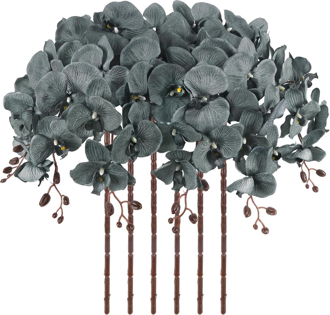 41in Artificial Orchids Fake Orchid 6PCS Velvet Silk Orchids That Look Real Long Stem Artificial Flowers for Tall Vase for Home Party Fall Halloween Dcor (Gray) (Grey)