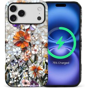 for iPhone 17 Pro Max Case,Compatible with MagSafe,Dual-Layer Hard Shell + Silicone Cover,Full Body Protection Shockproof Case for iPhone 17 Pro Max-Vintage Mosaic Pressed Flowers