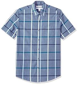 Amazon Essentials Men's Slim-Fit Short-Sleeve Plaid Casual Poplin Shirt, Denim, Large 