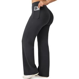 JGS1996 Straight Leg Leggings with Pockets for Women Bottoms Wide Leg Yoga Pants Casual Sweatpants Gym Workout Leggings (Black, M)