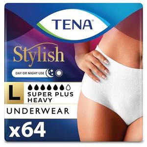 TENA Stylish White Incontinence Underwear for Women, Super Plus Heavy Absorbency, Large, 64 Count