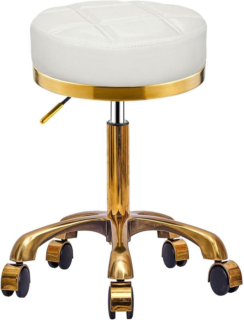 Gold Rolling Vanity Stool with Wheels (White, Without Back) Padded Seat Heavy Duty Stools, 360° Rotation Adjustable Round Rolly Chair, Silla de Pedicura Salon Spa Massage Esthetician, 14"D x 14"W x 22"H