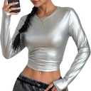 OYOANGLE Women's Metallic Long Sleeve T Shirt Crew Neck Fitted Tee Tops Y2K Going Out Tops (S)
