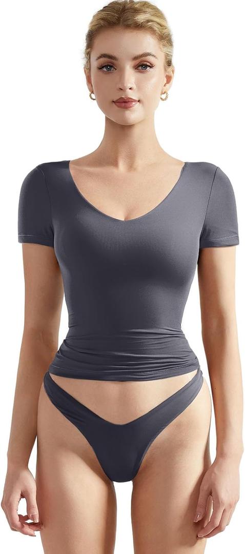 SUUKSESS Women Double Lined Fitted Basic Tee Sexy V Neck Short Sleeve Y2K Crop Top (Medium, Ash)
