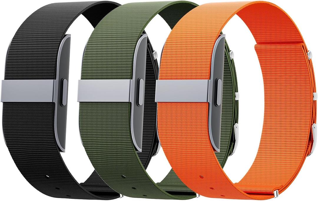 3 Pack Nylon Replacement Strap Compatible with Hume Band - Breathable & Sweatproof Sport Loop for Hume Health Band - Metal Buckle & Loop Closure - Adjustable Wristband Strap for Fitness Tracker (Black-Navy Green-Orange)
