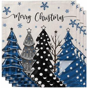 4pcs Cloth Napkins,Merry Christmas Tree Blue Check Reusable Dinner Napkin Washable Soft Kitchen Napkins,Winter Snowflake Retro Linen Absorbent Cloth Napkin for Holiday Party Wedding (20" x 20" (Set of 4))