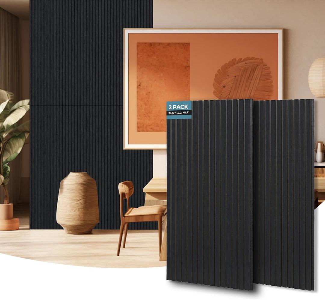 AKUMAX 2 Pack Acoustic Panels,Wood Slat for Wall and Ceiling-Art Acoustic Foam Panels 96x24Inches 3D Wall Panels High Density Sound Dampening Panels (Black Oak, 2pcs-24in*48in)