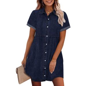 GRAPENT Denim Dress for Women Babydoll Tiered Short Sleeve Button Down Jean Shirt Dresses (Large, Twilight Blue)