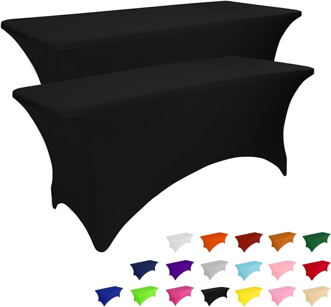 IVAPUPU 2 Pack 4FT Table Cloth for Rectangular Fitted Events Stretch Black Table Covers Washable Spandex Spring Tablecloth Protector for Party, Wedding, Cocktail, Banquet, Festival