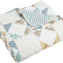 Levtex Home - Lottie - Throw - Patchwork - Sienna Teal Green Ochre Taupe and Cream - Throw Size 50x60in. -Cotton