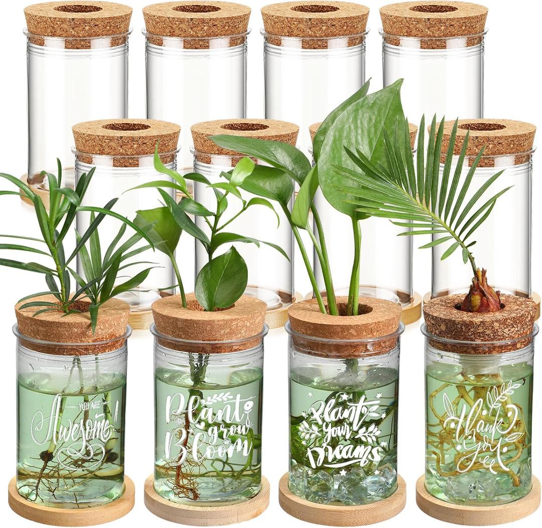 Baderke 12 Packs Plastic Plant Propagation Vase Set Thank You Gift Desktop Plastic Planter Vase with Bamboo Stand for Indoor Plants Office Table Home Decor Mother Teacher Gifts