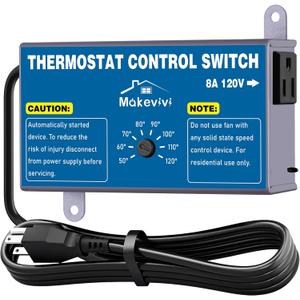 Attic Thermostat, Adjustable Temperature Controller for Attic Fan, with Overload Protection and Outlet, Plug-and-Play Exhaust Fan Thermostat for Greenhouse, Workshop, Garage (1 Pack)