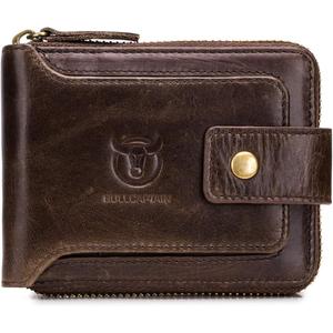 BULLCAPTAIN Genuine Leather Wallet for Men Large Capacity ID Window Card Case with Zip Coin Pocket QB-231 (Coffee)