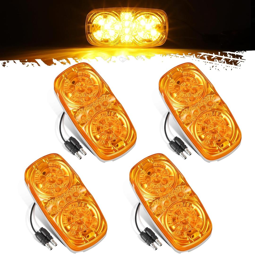 Partsam 4Pcs Upgrade Double Bullseye Amber16LED Marker Lights with Reflector Cup, Side Marker Clearance Lights with Bullet Connectors for Trailer Truck RV Camper Motorhome, 12V