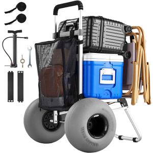 VEVOR Beach Dolly with Big Wheels for Sand, 20" x 15" Cargo Deck, Folding Sand Cart with 12" Balloon Wheels, 165 lbs Loading Capacity & 34" to 46" Adjustable Height, Heavy Duty Cart for Beach Camping