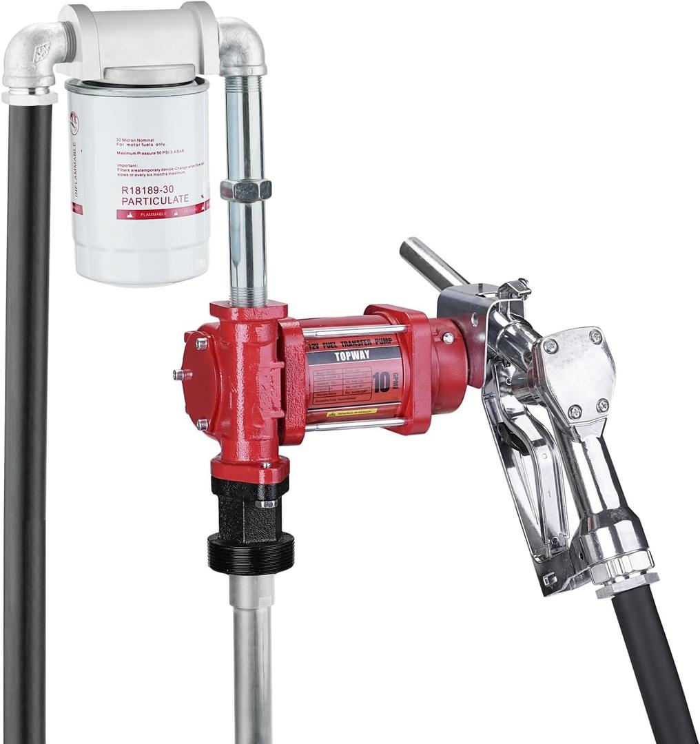 TOPWAY 12V DC Gasoline Fuel Pump, 10GPM Self-priming Oil Transfer Pump Kit With Particulate Filter, Fuel Nozzle, Discharge Hose & Suction Pipe for Gasoline Diesel Biodiesel Kerosene & More