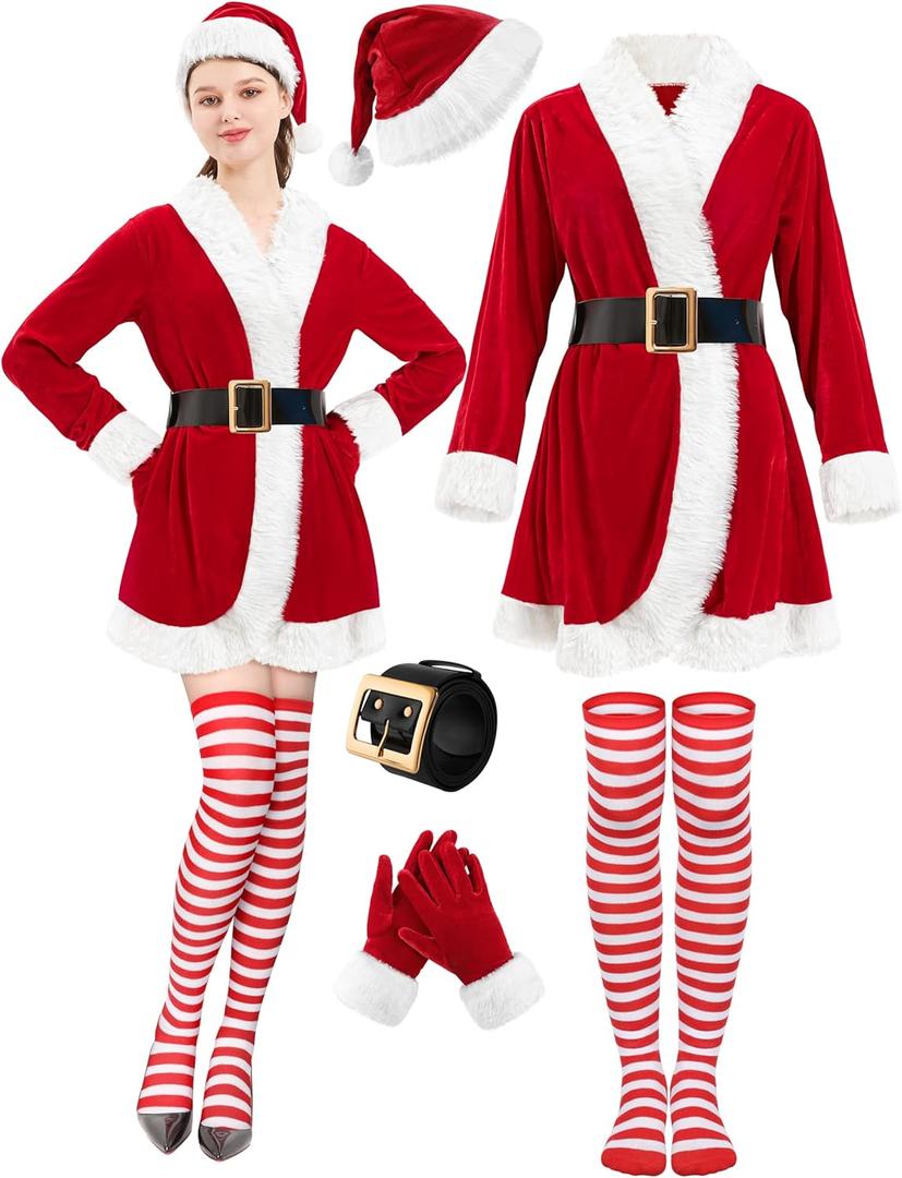 5 Pcs Mrs Claus Costume Adult Women, Santa Christmas Outfits for Women Velvet Dress with Belt High Socks Hat Gloves (Medium)
