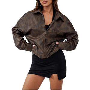 Milumia Women's Faux Leather Bomber Jacket Zip Up Collared Long Sleeve Oversized Coats (S)