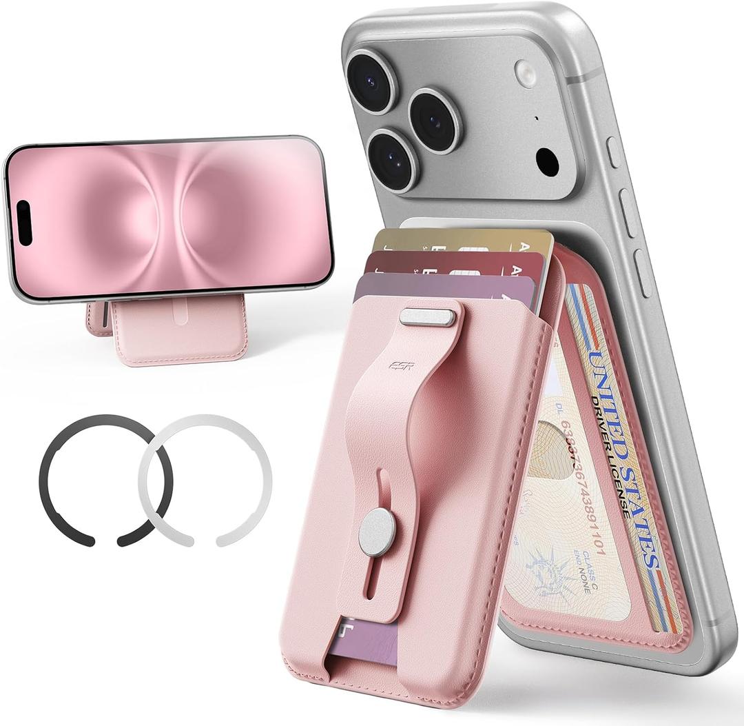 ESR Aura for MagSafe Wallet Stand w Grip, RFID Blocking w MagSafe Ring, 5 Card Holder for Phone Case, Magnetic Wallet for iPhone 17/16/15/14/13/12(Not for Mini), Selected Samsung, Bubblegum Pink