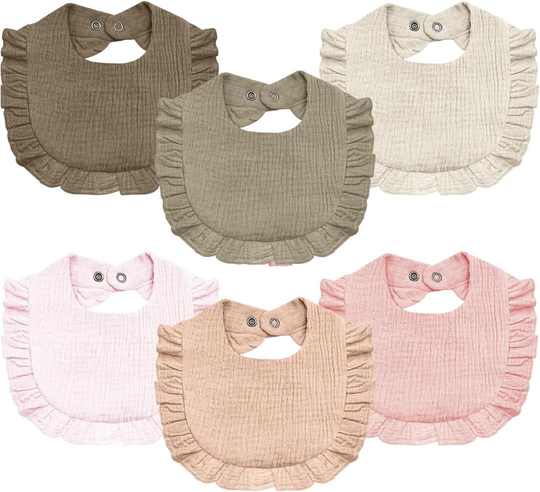 Baby Muslin Bibs,6 Pcs Drool Bandana Bibs for Baby Girl Drooling and Teething,Soft and Absorbent Cotton for Newborn (Pink & Brown)