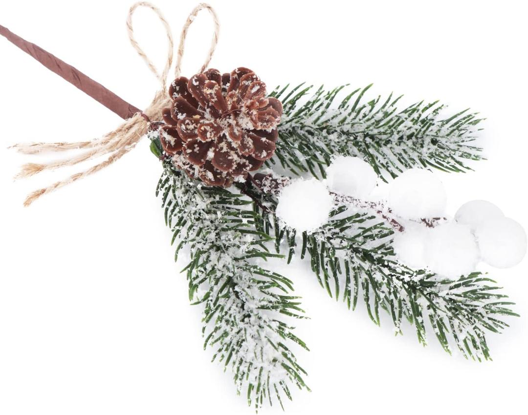 12 Pack Artificial Berries Picks, Christmas White Berry Picks with Pinecone Bowknot Winter Pine Branches Stems White Holly Spray for Christmas Tree Decoration Xmas Party DIY Crafts (White, 12)