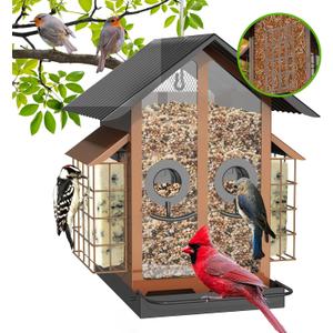 FlowaFoli Bird Feeders for Outdoors, Metal Bird Feeder with Double Suet Cage Weatherproof Metal Roof, 2 in 1 Mixed Seeds Suet Feeder, 4Lbs Large Capacity, Great for FinchCardinalChickadeeBrown