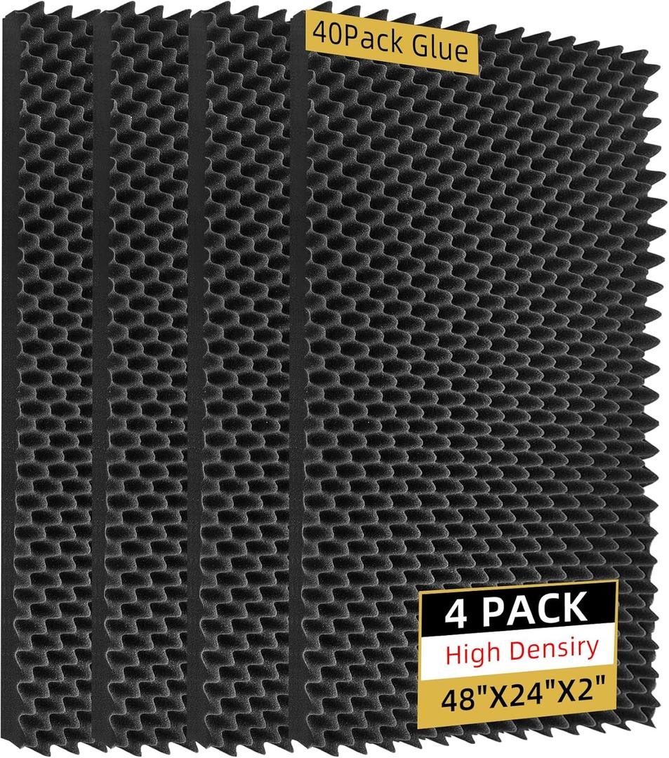 TEMGCUAM 4 Pack Sound Proof Foam Panels |48"×24"×2" Egg Crate Foam Pad | High Density Soundproof Wall Panels for Home Studio Noise & Thermal Insulation |With Adhesive Stickers 40PCS(Black)