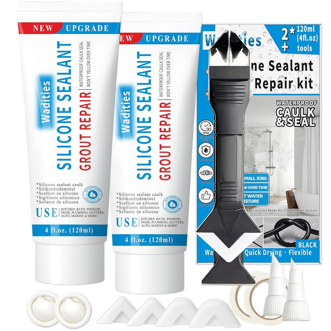 8Oz Black Waterproof Caulk & Seal Silicone Sealant, Wadities Tile Grout Repair Kit with Grout Remove Scraper, Shrink & Crack Proof for Bathroom, Shower, Kitchen, Floor (4Oz, Pack of 2)