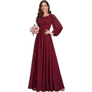 Ever-Pretty Women's Crewneck Long Lantern Sleeves Floor Length A-Line Pleated Chiffon Formal Dress 0106B