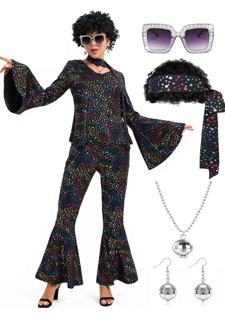 Women 70s Disco Costume 8 PCS Disco Outfit for Halloween Cosplay Party ,Size XL