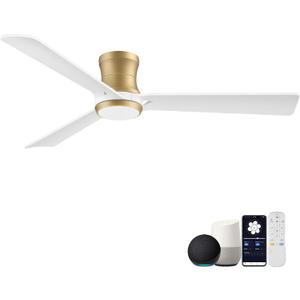 52in Wood Ceiling Fans with Lights Remote,Smart Low Profile Flush Mount Ceiling Fan Controlled via Alexa App,Quiet DC Motor,for Modern Bedroom Patio Porch,3 Blade,White and Gold,Outdoor Indoor Use