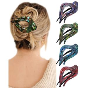 French Concord Curved Acrylic Hair Clips - 4Pcs Thick Flat Strong Hold Clips for Women (Crack Pattern: Blue/Green/Red/Purple)