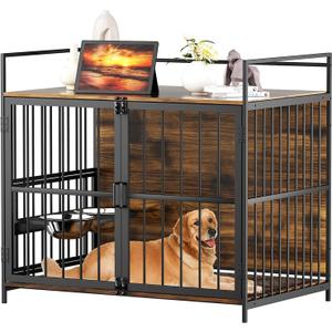 ROOMTEC Furniture Style Large Dog Crate with 360° & Adjustable Raised Feeder for Dogs 2 Stainless Steel Bowls -End Table House Pad, Indoor Use,41" L X 24" W 36" H, Classic Brown