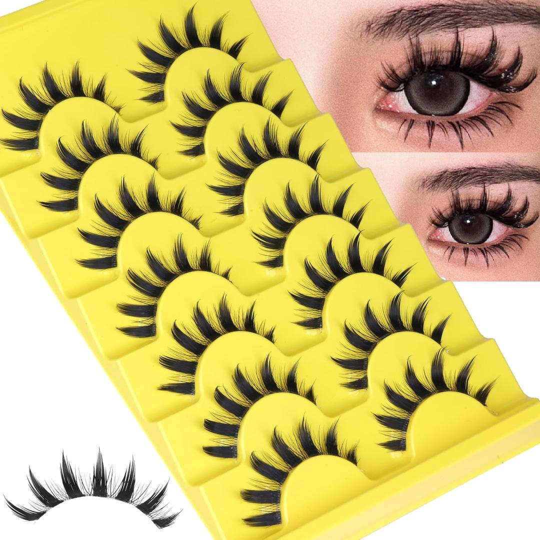 Manga Lashes Natural Eyelashes Spiky False Eyelashes Invisible Band 3D Cat Eye Lashes Wispy Fake Lashes Cosplay Anime Lashes 7 Pairs Pack Asian Doll Lashes Clear Band by YDAGKH