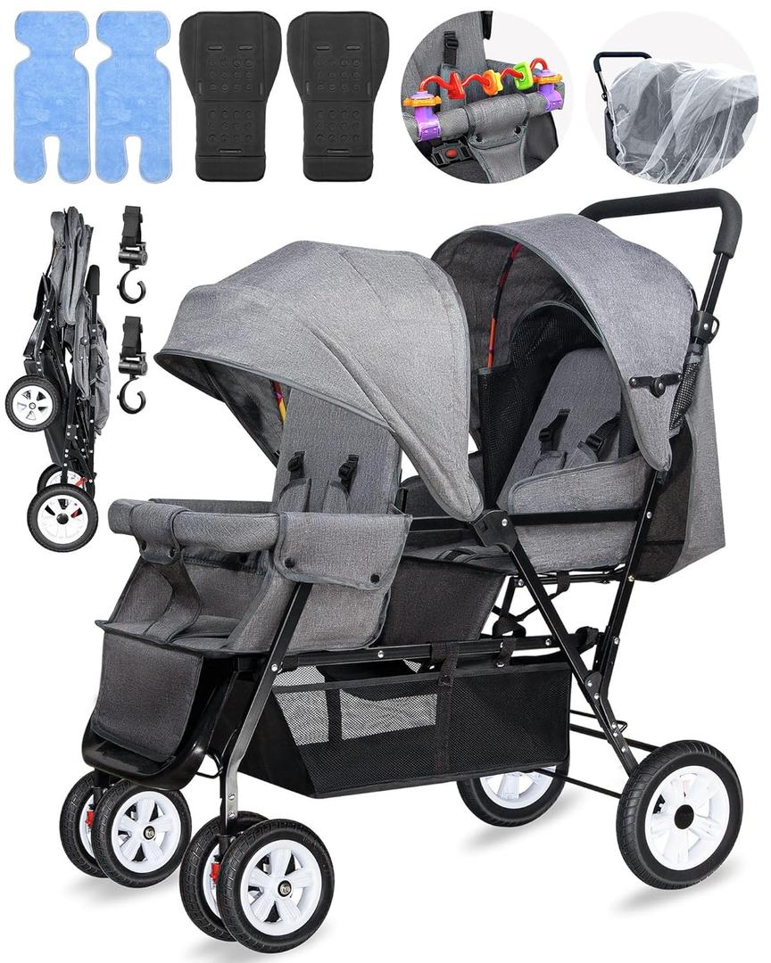 Double Stroller for Infant Toddler, Foldable Double Baby Stroller with Tandem Seating and Adjustable Backrest - Extra Gift Toys/Mosquito Net/Sleeping Mats/ 2 Hooks/ 2 Cotton PadsGrey