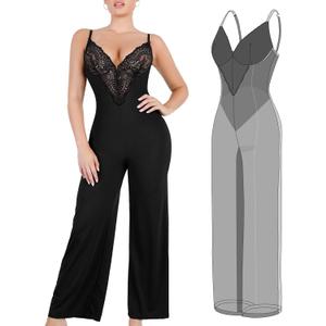 Popilush Lace Shapewear Jumpsuit for Women Built In Shapewear Backless V Neck Flare leggings Spaghetti Straps Wide Leg Romper (Black, M)