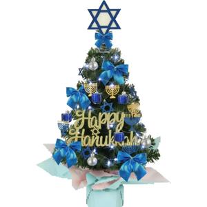 Suncalla 43 Pcs 24 Inch Hanukkah Decor Tabletop Mini Hanukkah Tree with Lights Star of David Tree Top Ornament Jewish Menorah Dreidel Star Table Ornaments for Xmas Indoor DIY Craft Kit(Classic Style)