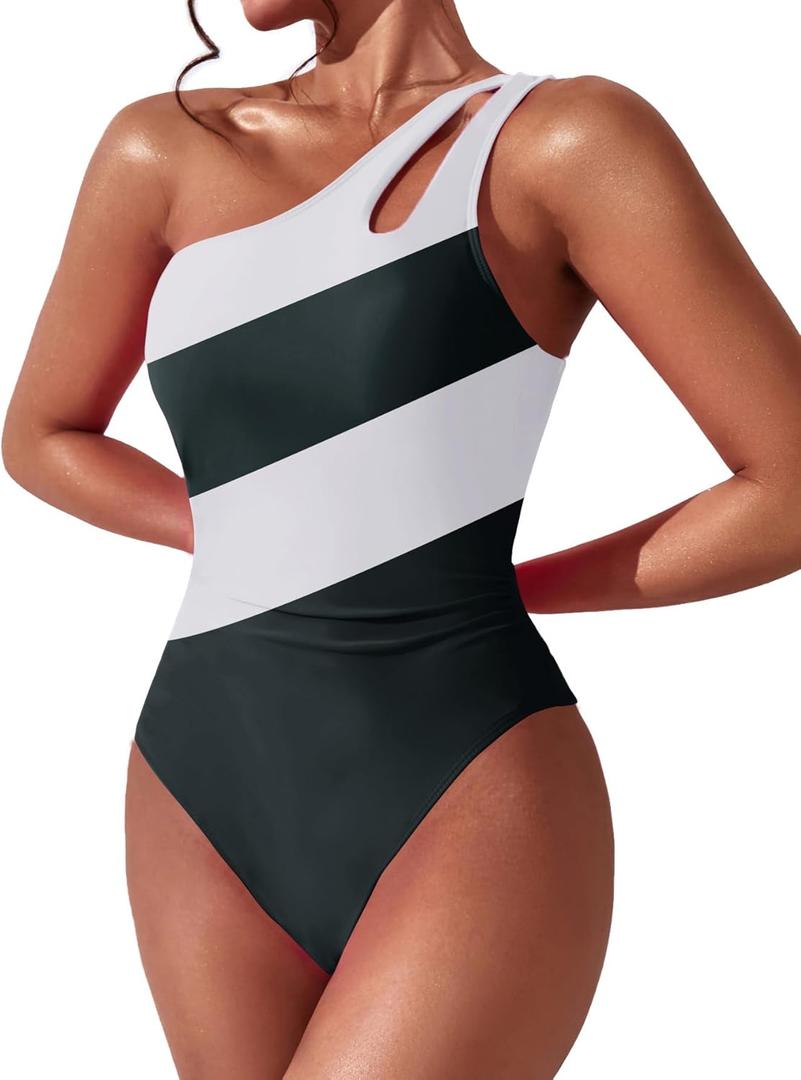Women One Shoulder One Piece Swimsuit Tummy Control Bathing Suits Modest Full Coverage Cutout Swimwear (Large, Black and White)