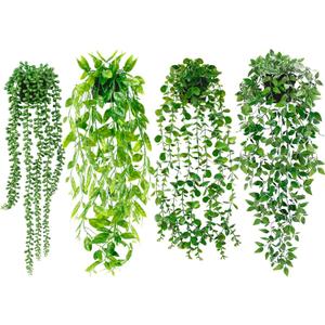 Artificial Hanging Plants for Shelf, 4 Pack Fake Potted Greenery Faux Eucalyptus Vine, Mandala Vine, String of Pearls,Pea pod Leaves in Pot for Office Living Room Bathroom Indoor Outdoor Dcor