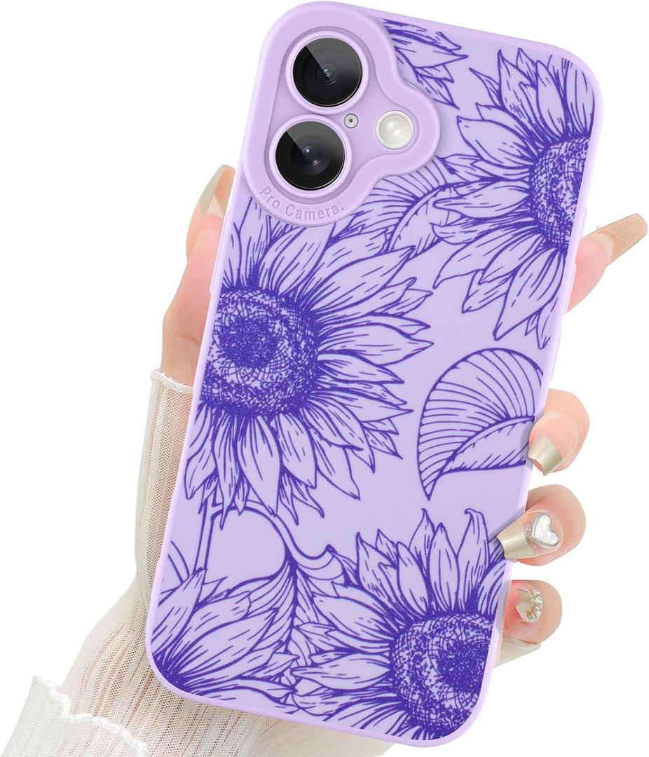 Fiyart Designed for iPhone 16 Case Cute Flower Floral Sunflowers Design,Soft Slim TPU Anti-Scratch Phone Cover for Women Girls 6.1"-Purple