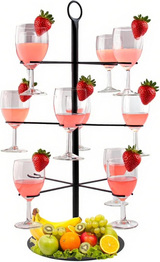 Cocktail Tree Stand, Metal Drink Tower, 3 Tier - 12 Holders For Champagne, Martini, Margarita Cups - Black