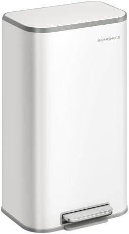 SONGMICS Kitchen Trash Can, 8-Gallon (30 L) Garbage Can with Lid, Stainless Steel, Soft Close and Stays Open, Inner Bucket, Wide Non-Slip Pedal, Cloud White ULTB546W01