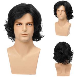 Mens Black Wig Short Layered Curly Wavy Male Wig Synthetic Hair Wigs Heat Resistant Cosplay Halloween Party with Wig Cap