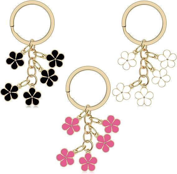 20 Pack Cute Flower keychains for Women Flowers Charms Enameled Car Keyring Charm Aesthetic Keychain White/Pink/Black Flower Charm for Handbags Purse Bag Wallet Accessories