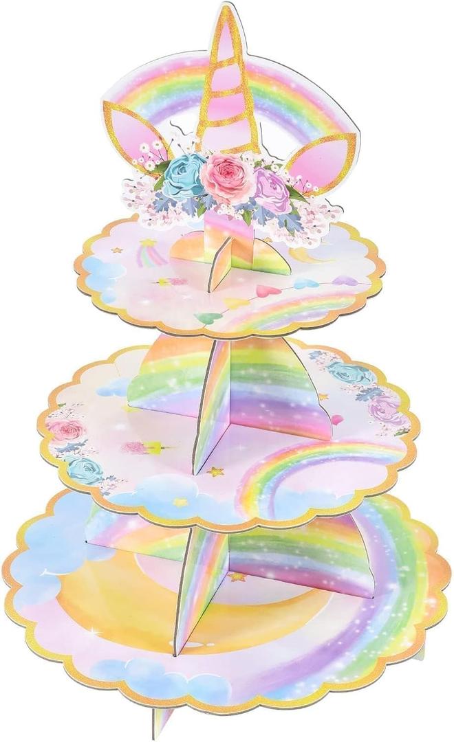 WERNNSAI Unicorn Cupcake Stand - Unicorn Birthday Decorations for Girls Kids Rainbow Unicorn Party Supplies 3-Tier Cupcake Holder Dessert Tower Round Serving Tray Stand for Baby Shower Wedding