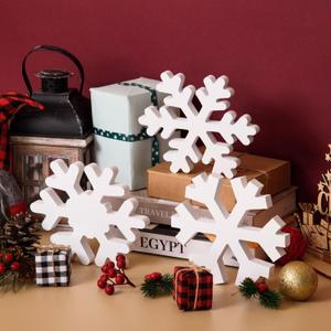 3 Pcs Christmas Snowflake Decor Multiple Sizes Wooden Tiered Tray Decor Freestanding White Table Sign Tabletop for Winter Farmhouse Xmas Country Party Rustic Home Room Table Shelf New Year Decorations