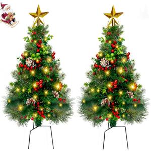 2.7FT Outdoor Christmas Tree Pre-Lit Pathway Christmas Trees Small Artificial Xmas Tree Pine Tree with Lights Battery Operated 8Mode for Porch, Yard, Outside, Grave Ornaments(2Pack)