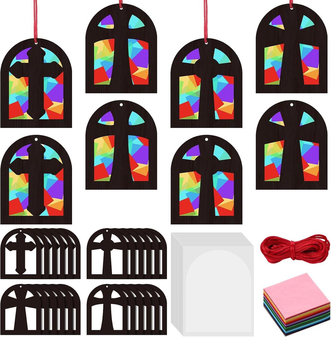 Novabright 24 Sets Wooden Cross Crafts Religious Crafts Sunday School Christian Wooden Cross Hanging Ornaments Kit DIY Art Christian Church Ornaments Jesus Sunday School Gifts, 4.72 x 3.78 x 0.08 inches